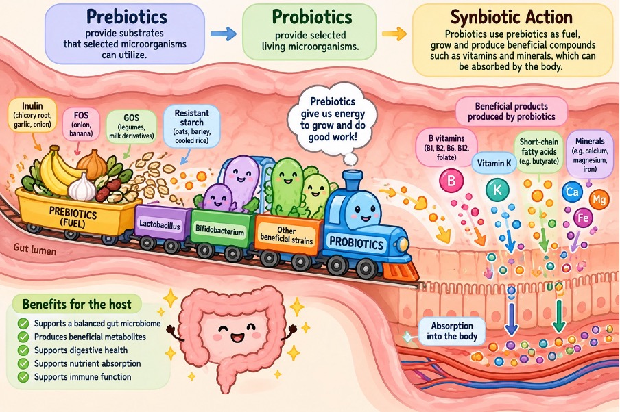 Illustrated diagram of synbiotic action in the gut. A train runs through the gut lumen: a fuel wagon of prebiotics (inulin from chicory root, garlic and onion; FOS from onion and banana; GOS from legumes and milk derivatives; resistant starch from oats, barley and cooled rice) pulls carriages of probiotics labelled Lactobacillus, Bifidobacterium and other beneficial strains. The probiotics produce B vitamins, vitamin K, short-chain fatty acids such as butyrate, and minerals such as calcium, magnesium and iron, which are absorbed through the gut wall into the body. A panel lists benefits for the host: a balanced gut microbiome, beneficial metabolites, digestive health, nutrient absorption and immune function.